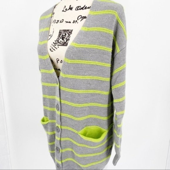 LUSH Button Front Gray & Lime Green Striped Cardigan Sweater with Pocket Small - Picture 5 of 8